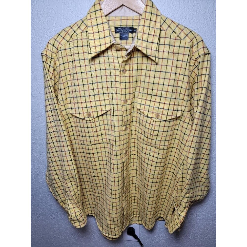 The J Peterman Company Wool Shirt Mens Medium Yellow Plaid Flannel Made Portugal